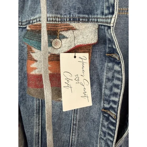 NWT Boho Aztec Blanket Sleeve Denim Jacket Hoodie Women's Size Large Modern - Picture 6 of 9